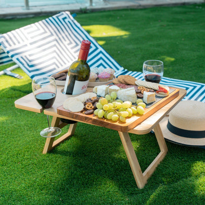 Bamboo Foldable Picnic Table with Wine and Glass Holders