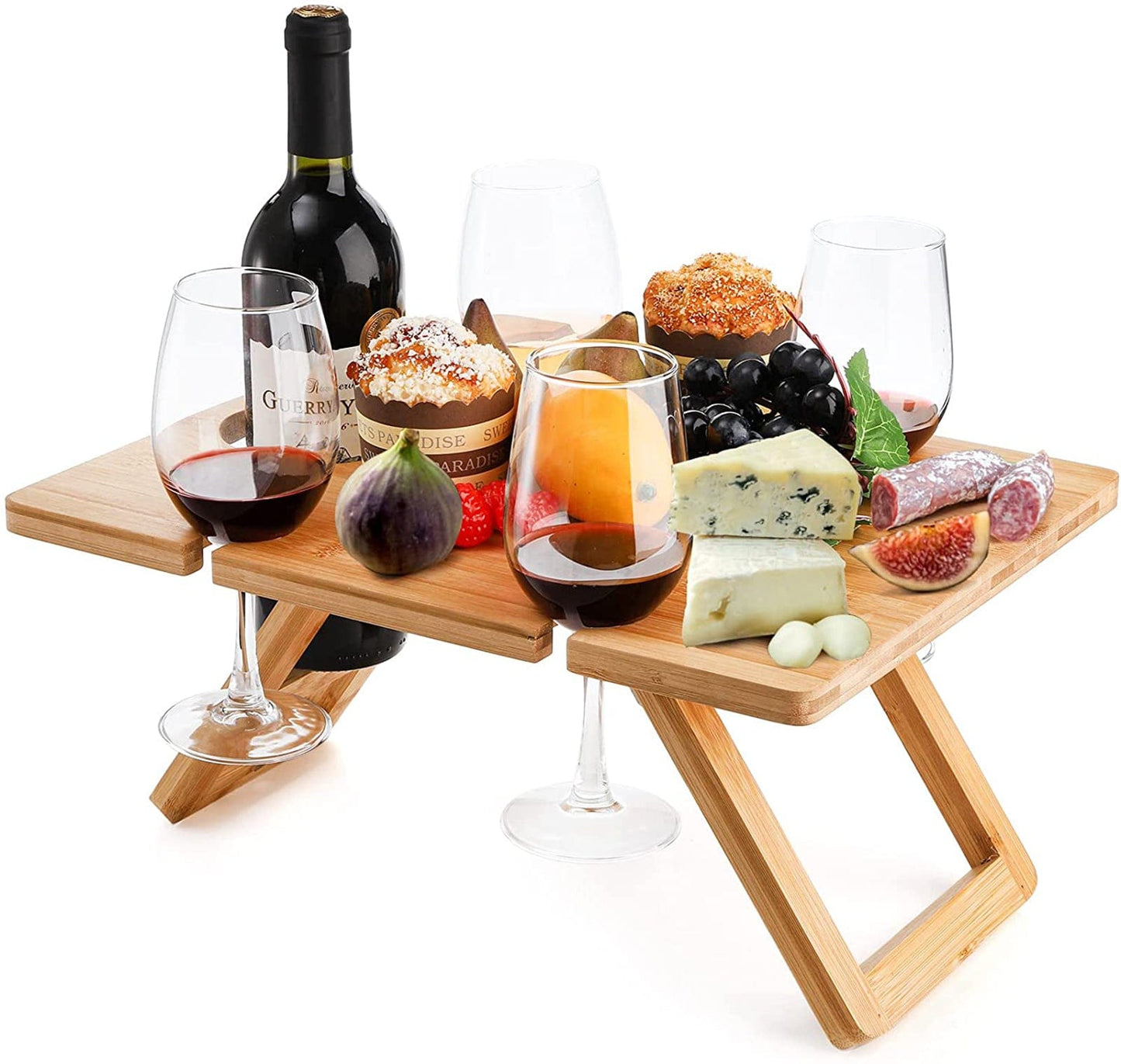 Bamboo Foldable Picnic Table with Wine and Glass Holders